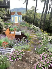 a 3d rendering of a garden with a blue house and flowers